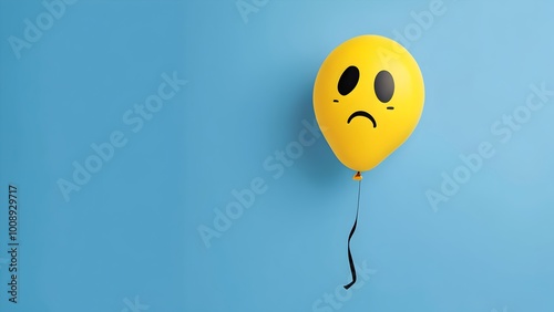 Yellow balloon with a sad face isolated on a blue backgroun with copy space. Emotive illustration of sadness, perfect for expressing negative emotions or moods.