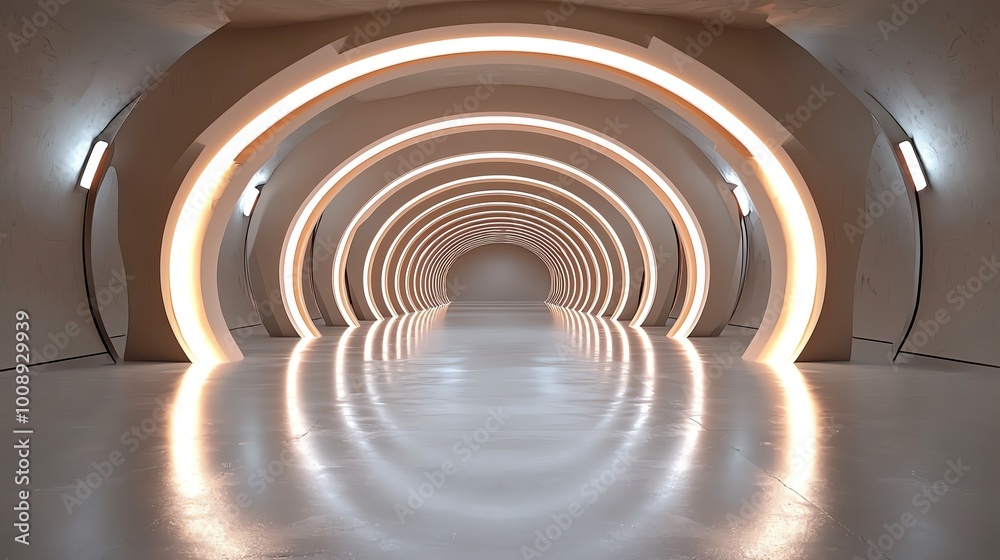Surreal light tunnel with interwoven neon paths and intricate reflections, 3D illustration