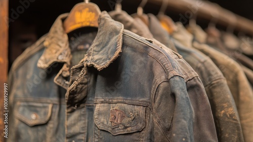 A bunch of old denim jackets hanging in a closet