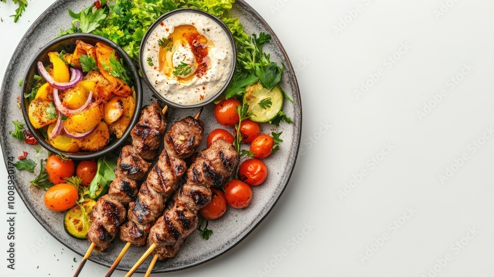 A plate of smoky, grilled kebabs with a side of dips and fresh vegetables, positioned on a simple background,