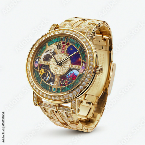 a gold watch with a colorful dial