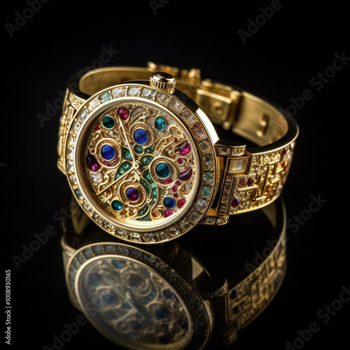 a watch with a gold case and colorful stones