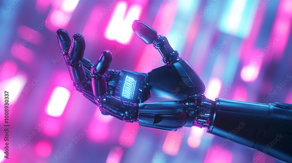 A close-up of a robotic hand with a glowing digital display on its palm, set against a backdrop of blurred neon lights. A close-up of a robotic hand with a glowing digital display on its palm, set against a backdrop of blurred neon lights.