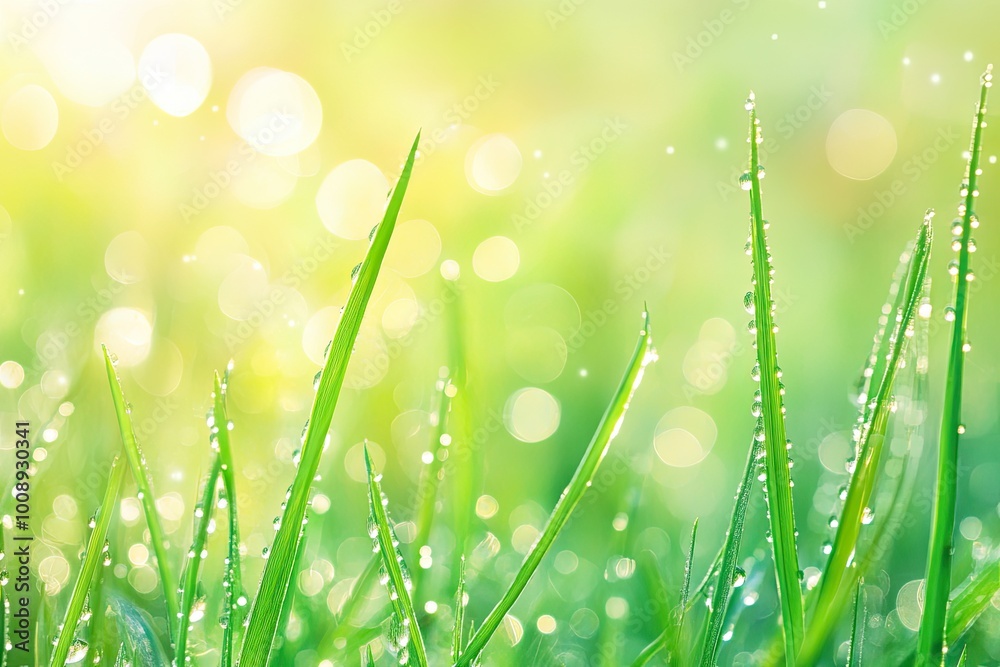 Fototapeta premium Vibrant grass blades glisten with dew under warm sunlight, creating a refreshing and serene nature background.
