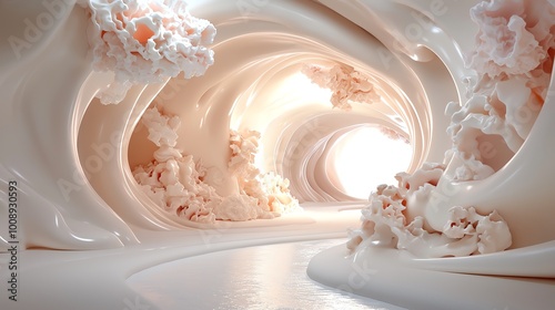 Surreal tunnel with fluid, iridescent surfaces and soft, luminous accents, 3D illustration photo