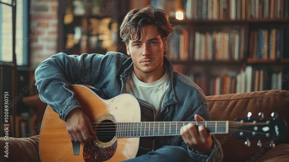 Obraz premium A young man sits on a couch holding a guitar, looking directly at the camera. He is dressed in a casual outfit and sitting in a living room with bookshelves in the background.