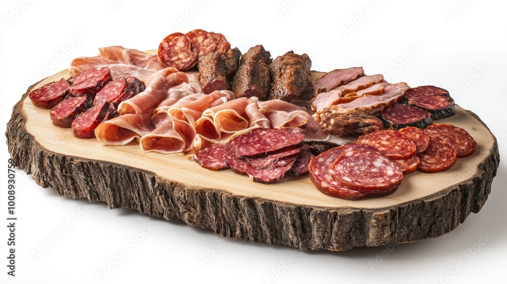 Assorted cured meats including salami, prosciutto, and bacon on a wooden platter, offering space for adding text or catering details. Assorted cured meats including salami, prosciutto, and bacon on a wooden platter, offering space for adding text or catering details.