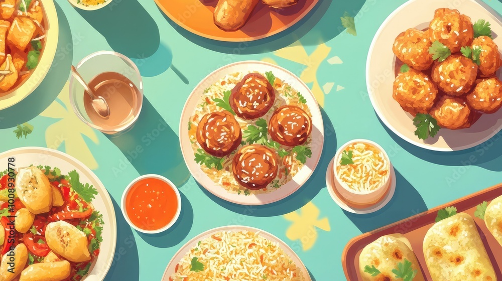 A rich top view of Arabic Ramadan food, showcasing fried rolls, butter chicken, pakoras, and chicken biryani, A rich top view of Arabic Ramadan food, showcasing fried rolls, butter chicken, pakoras, and chicken biryani,