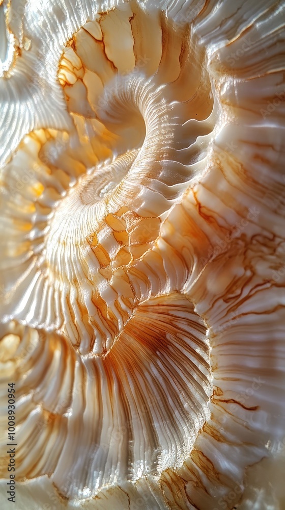 Close-up view of a beautifully detailed shell showcasing intricate spiral patterns and natural textures.