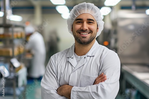 Man in sterile uniform stands with arms crossed, smiling at the camera. Hair net worn, indicating a food processing environment. Industrial setting with machinery in the background. photo