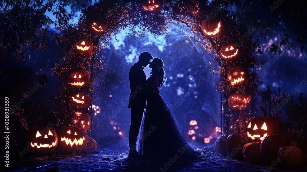 A spooky Halloween night wedding with the bride and groom in gothic attire, standing under a glowing arch of pumpkins and cobwebs.