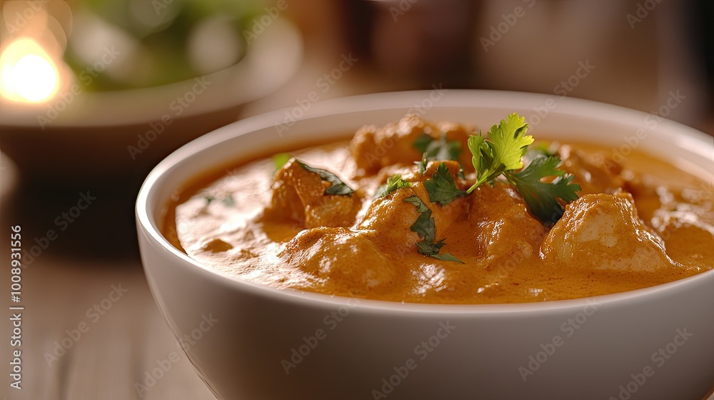 A serving of chicken korma elegantly garnished, set against a soft-focus background that allows for a clear area for advertising or branding messages. A serving of chicken korma elegantly garnished, set against a soft-focus background that allows for a clear area for advertising or branding messages.
