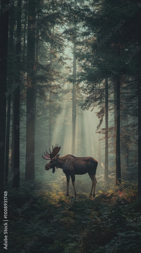 A moose stands in a misty forest, illuminated by beams of light filtering through the trees. A moose stands in a misty forest, illuminated by beams of light filtering through the trees.