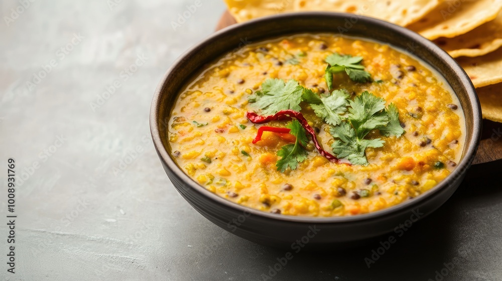 A single bowl of aromatic dal served with crispy papadum, placed on a simple background, A single bowl of aromatic dal served with crispy papadum, placed on a simple background,