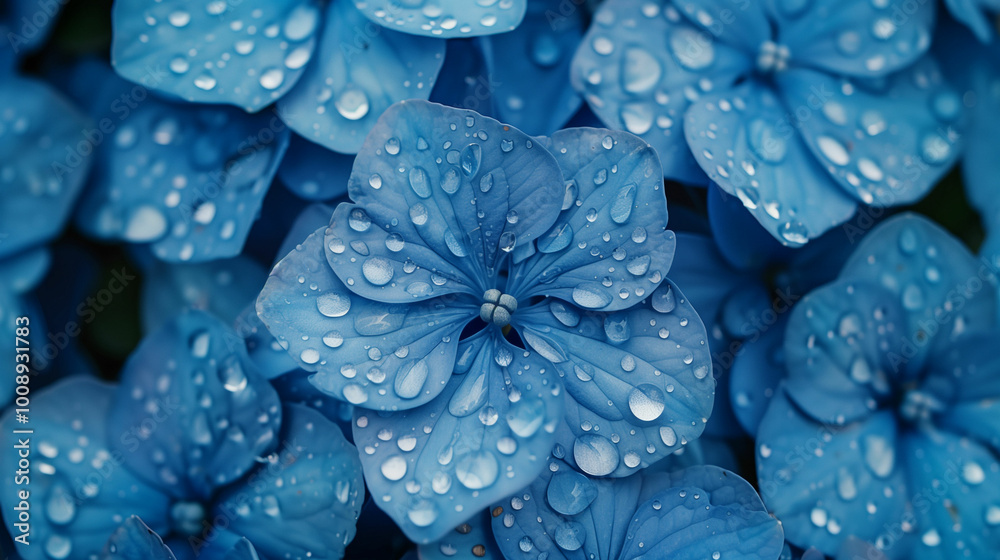 Blue hydrangea flowers covered in droplets after rainfall in a serene garden setting during spring Blue hydrangea flowers covered in droplets after rainfall in a serene garden setting during spring