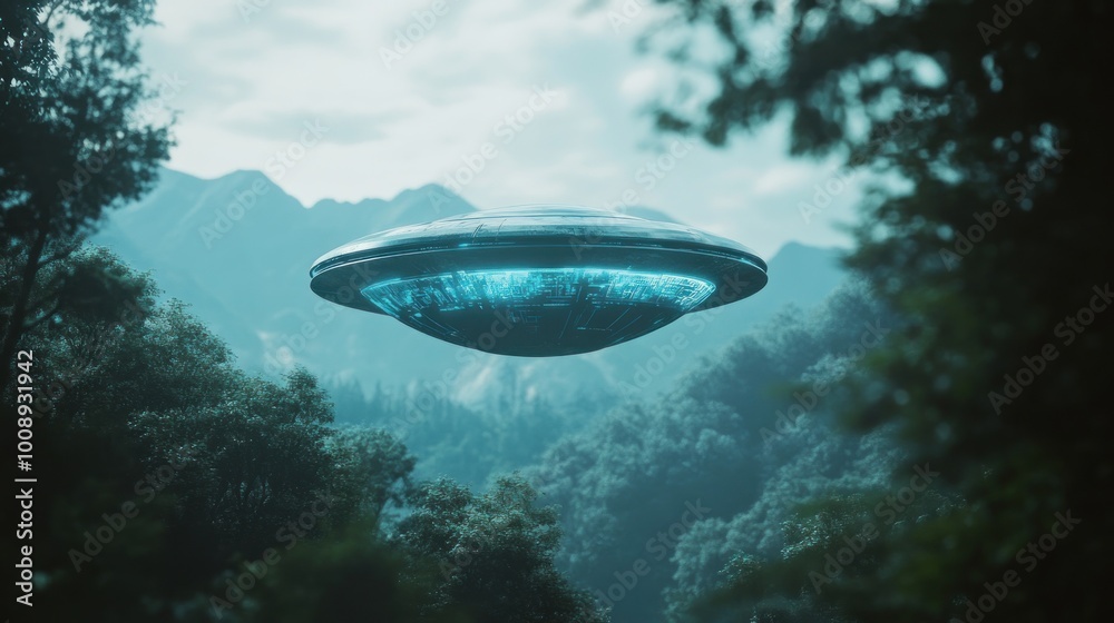 A futuristic flying saucer hovering above a forested landscape with mountains in the background. A futuristic flying saucer hovering above a forested landscape with mountains in the background.
