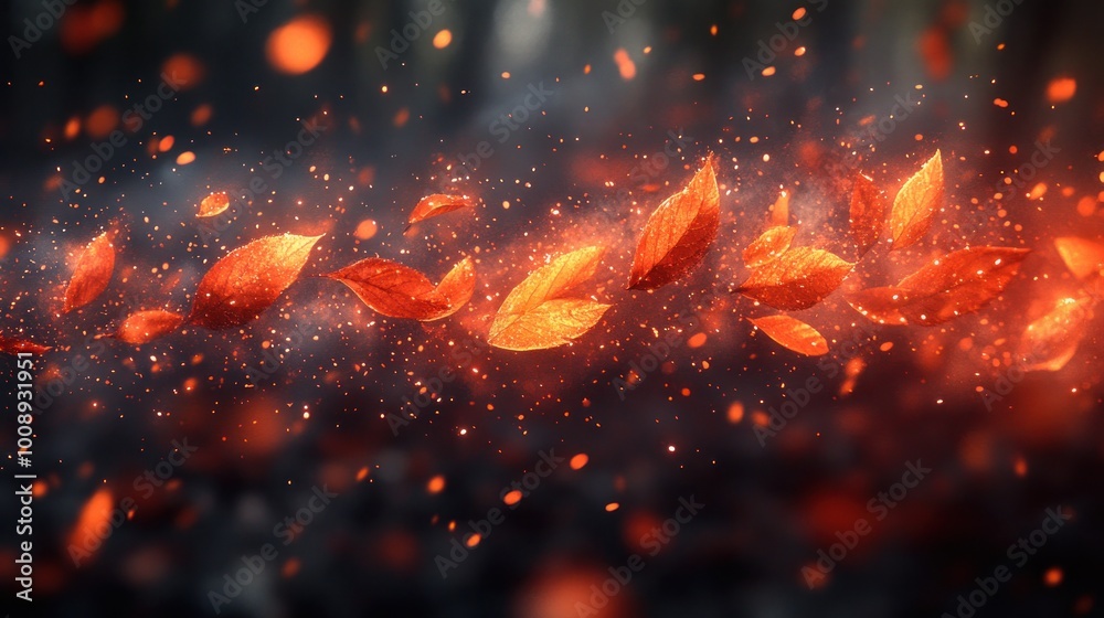 A dynamic display of floating autumn leaves with a magical glow. A dynamic display of floating autumn leaves with a magical glow.
