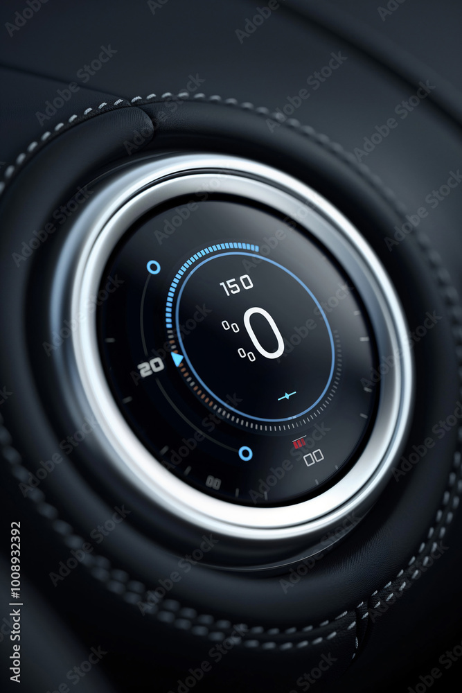 Close-up view of a modern car dashboard display showing speedometer and digital indicators during nighttime driving Close-up view of a modern car dashboard display showing speedometer and digital indicators during nighttime driving
