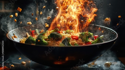 A striking image of a wok in mid-motion, with colorful ingredients like broccoli and noodles caught in the air, all enveloped in dramatic flames,