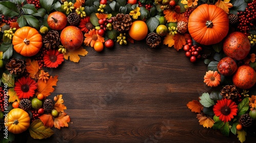 Autumnal Thanksgiving Frame with Pumpkins, Leaves, and Berries