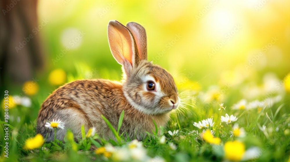 A cute rabbit sits in a sunlit meadow filled with flowers.