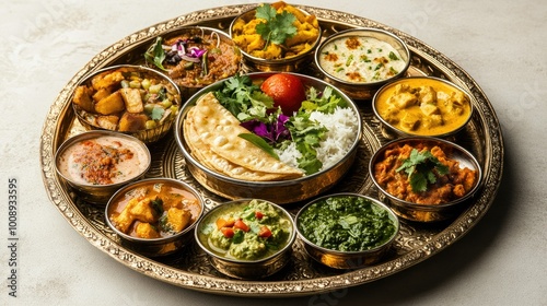 A stunning thali presentation featuring various dishes served on a decorative platter, positioned on a neutral background,