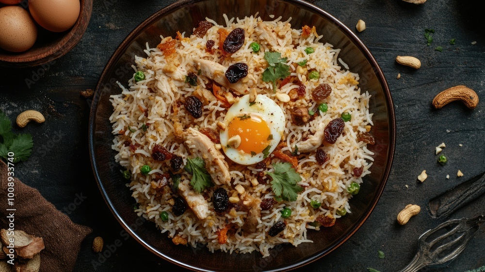 A tempting top-down shot of chicken pulao with a perfect balance of fried onion, egg, nuts, and raisins on a ceramic plate,