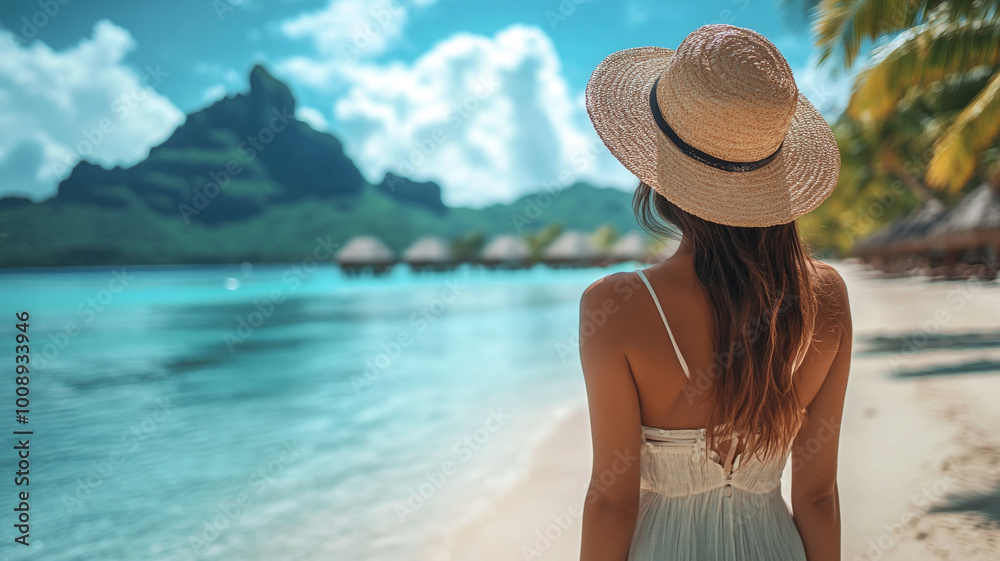 A woman enjoying a serene tropical beach with mountains and huts on a sunny day A woman enjoying a serene tropical beach with mountains and huts on a sunny day