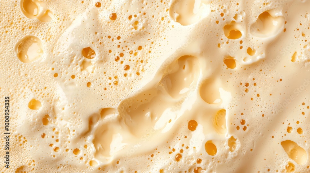 Close-up of creamy, bubbly foam texture with golden hues, white isolate background. Close-up of creamy, bubbly foam texture with golden hues, white isolate background.