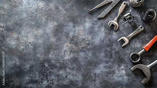 A collection of wrenches and other tools on a dark background, with copy space. photo