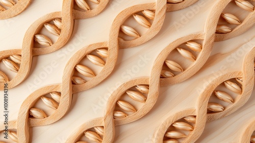 Close-up of intricate DNA structure design, soft beige tones, isolated background.