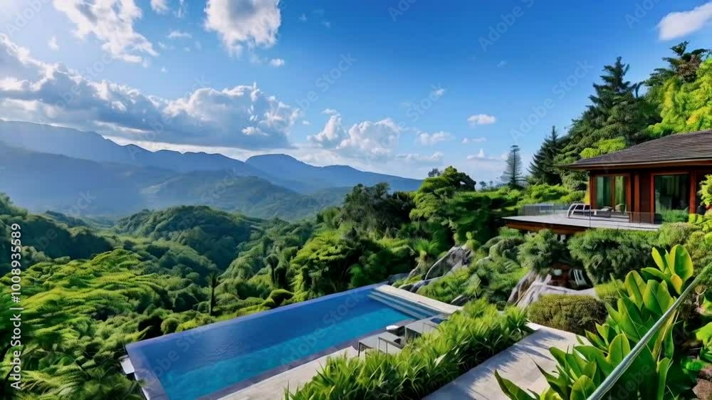 A stunning mountain view featuring a modern infinity pool amidst lush greenery. A stunning mountain view featuring a modern infinity pool amidst lush greenery.