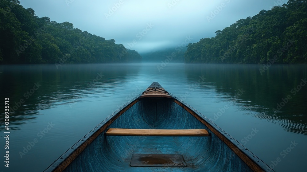 Serene boat on a misty river surrounded by lush greenery. Serene boat on a misty river surrounded by lush greenery.