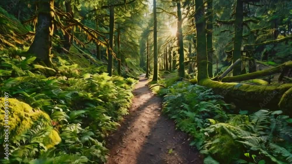 A sunlit forest path surrounded by lush greenery and ferns, inviting exploration and tranquility.