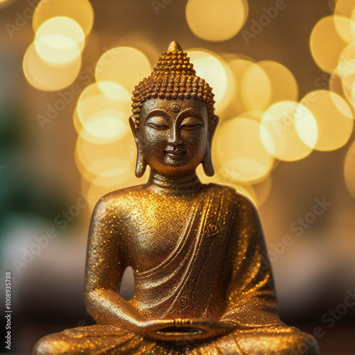 a buddha statue sitting on top of a wooden table