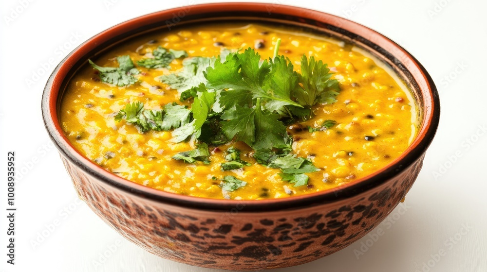 A vibrant bowl of creamy yellow dal garnished with fresh cilantro and a drizzle of ghee, set against a soft white background, A vibrant bowl of creamy yellow dal garnished with fresh cilantro and a drizzle of ghee, set against a soft white background,