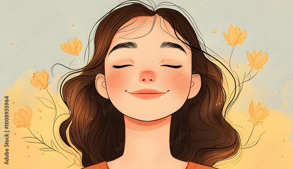 Illustration of an woman, smiling and doing deep breathing yoga and eyes closed in a meditative pose,state of mind concept. Illustration of an woman, smiling and doing deep breathing yoga and eyes closed in a meditative pose,state of mind concept.