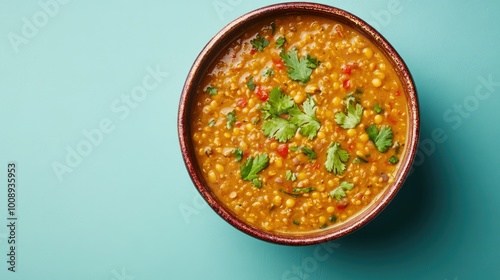 A vibrant bowl of lentil dal with a colorful garnish, set against a minimalist background that allows for clear branding