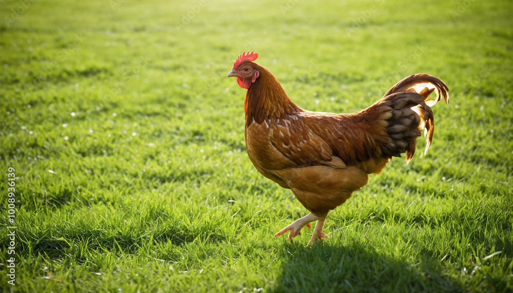 Fototapeta premium Chicken in a Lush Green Field Farm Animal Rural Life.