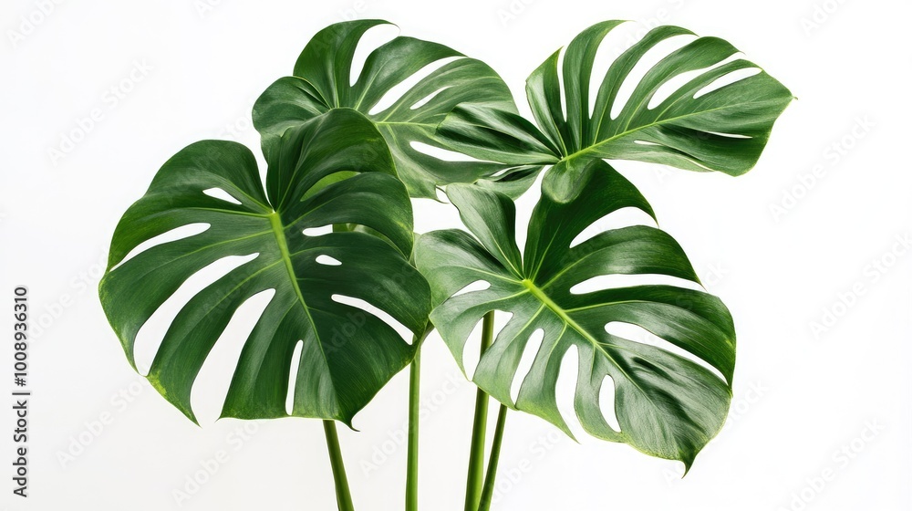 Modern Monstera plant with rich green leaves and distinctive splits, isolated on a white backdrop for a polished and contemporary appearance