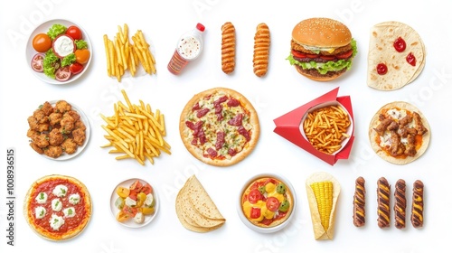 A vibrant fast food set including chicken burgers, crispy fries, pizza slices, tacos, shawarma wraps, corndogs, photo