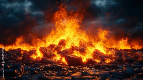 Fiery Inferno, Blazing Rocks and Dramatic Sky