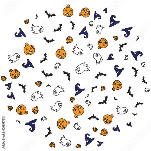 Cute Doodle Halloween pumpkin ghost and witcher hat Vector with white background suitable for Halloween party banner