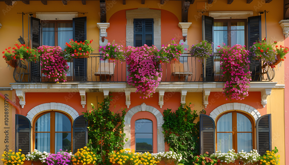 Fototapeta premium Exterior of beautiful residential building with balcony and flowers