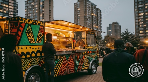 Vibrant African food truck with colorful patterns serving traditional dishes at urban park during golden hour photo