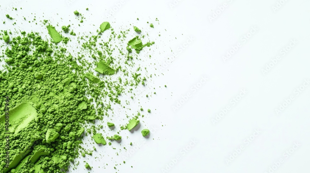 Fine green matcha powder scattered on a white backdrop, providing copy space for tea-related designs or messages. Fine green matcha powder scattered on a white backdrop, providing copy space for tea-related designs or messages.