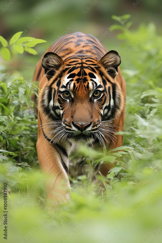 Fototapeta premium A majestic tiger prowls through lush greenery, showcasing its powerful presence.