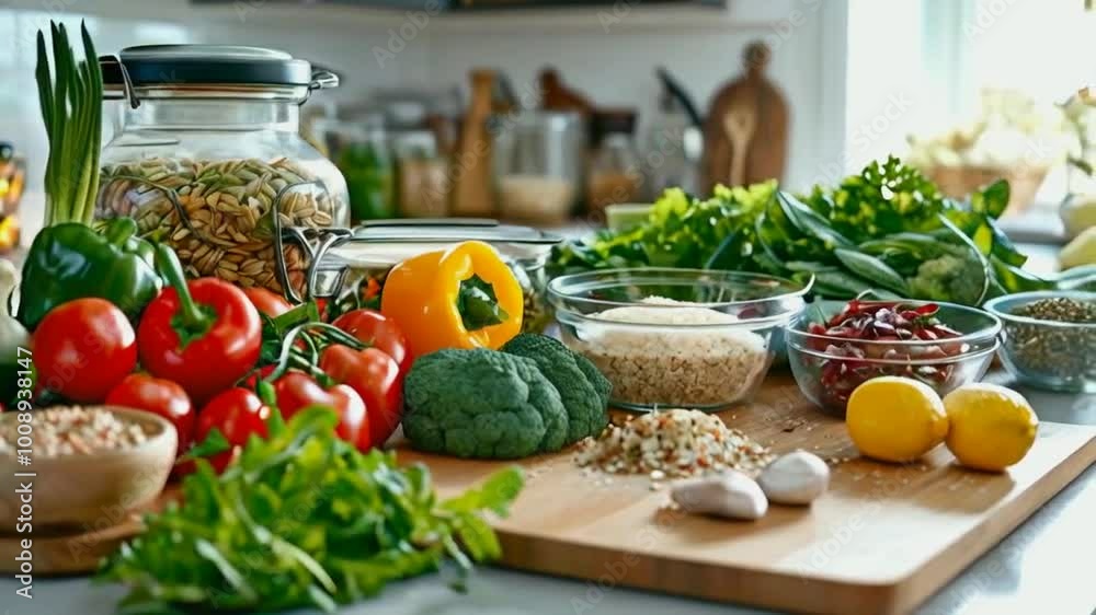 A vibrant display of fresh vegetables and grains on a kitchen countertop for meal preparation. A vibrant display of fresh vegetables and grains on a kitchen countertop for meal preparation.
