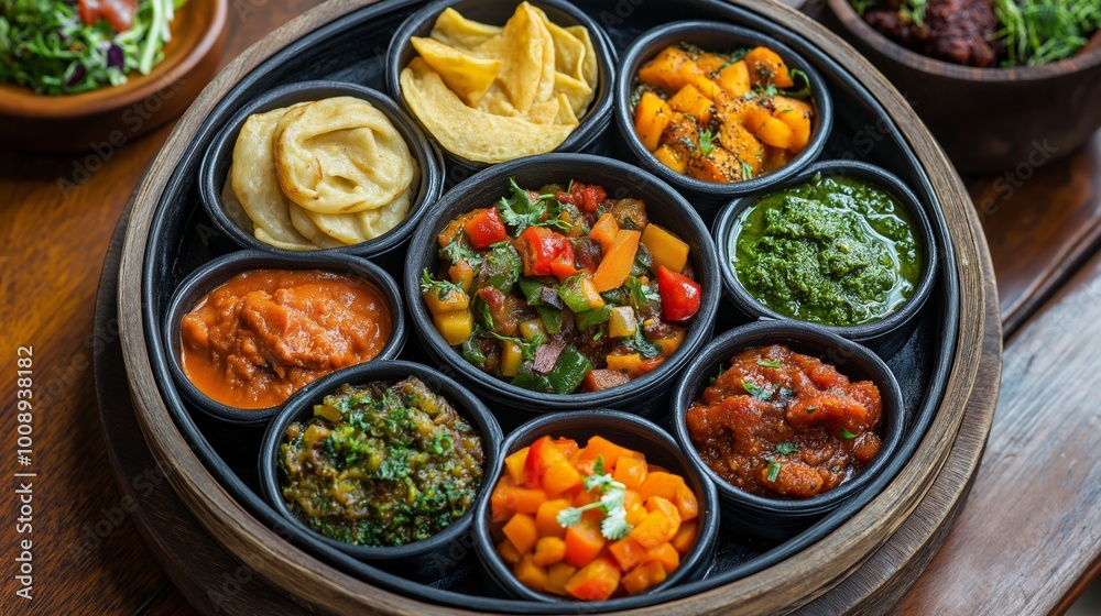 Colorful Ethiopian injera served with a variety of stews and vegetables in a cozy restaurant with bright daylight Colorful Ethiopian injera served with a variety of stews and vegetables in a cozy restaurant with bright daylight