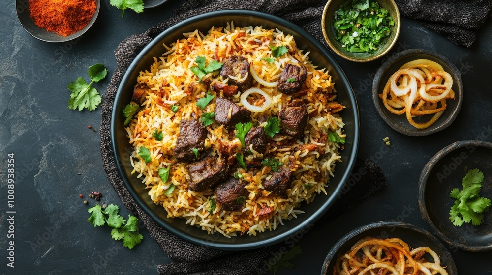 A vibrant top-down image of Indian meat biryani, with tender mutton, aromatic basmati rice, and garnishes of fried onions and cilantro, displaying the richness of Indian spices. A vibrant top-down image of Indian meat biryani, with tender mutton, aromatic basmati rice, and garnishes of fried onions and cilantro, displaying the richness of Indian spices.